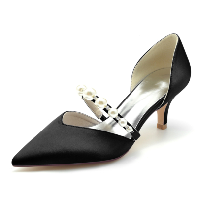 Zapatos de tacón bajo adornados con perlas negras D'orsay para boda