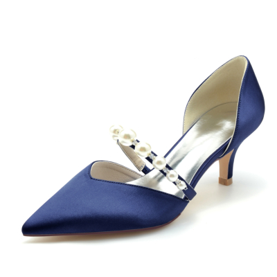 Zapatos de tacón bajo adornados con perlas azul marino D'orsay para boda