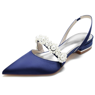 Zapatos planos de raso con adornos de perlas azul marino Zapatos de salón con punta cerrada Planos