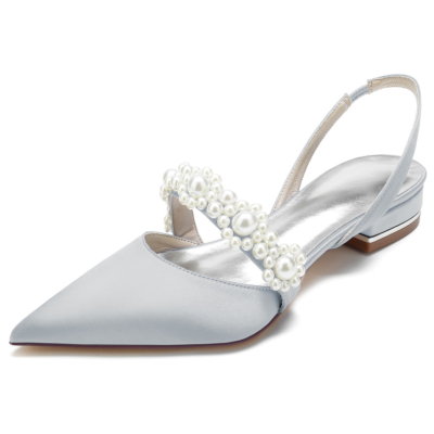 Zapatos planos de raso con adornos de perlas grises Zapatos de salón con punta cerrada Planos