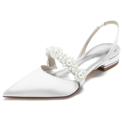 Zapatos planos de raso adornados con perlas blancas Bombas Slingbacks Planos con punta cerrada