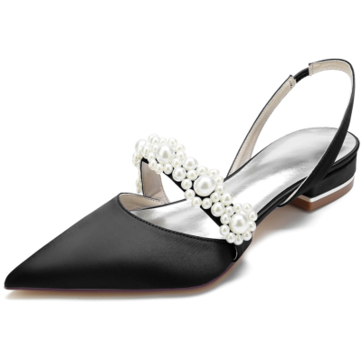 Zapatos planos de satén adornados con perlas negras Bombas con tiras en la parte posterior Planos con punta cerrada
