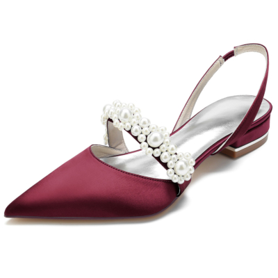 Zapatos planos de satén adornados con perlas de color borgoña Zapatos de salón con punta cerrada Planos