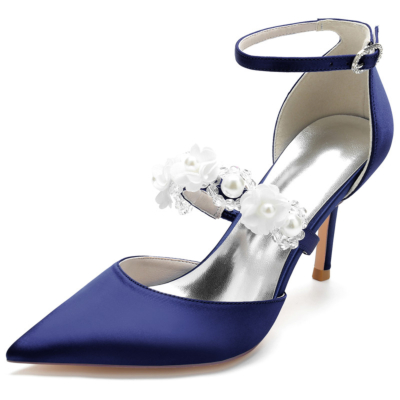 Zapatos de tacón de aguja de satén con correa adornada con perlas azul marino para boda