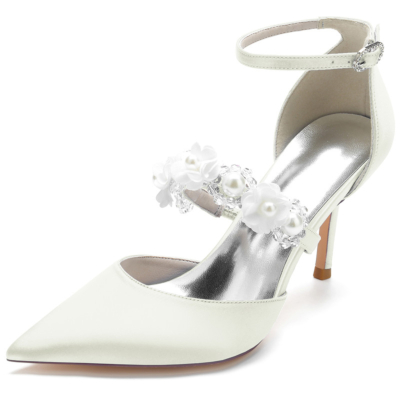 Zapatos de tacón de aguja de satén con correa adornada con perlas de marfil D'orsay para bodas