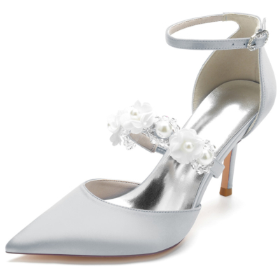 Zapatos de tacón de aguja con correa adornada con perlas grises D'orsay para boda