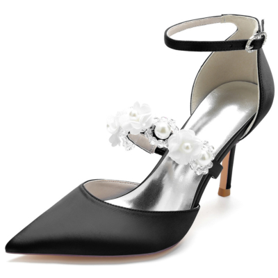 Zapatos de tacón de aguja de satén con correa adornada con perlas negras D'orsay para boda