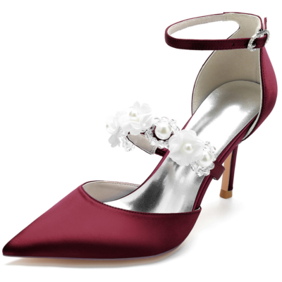 Zapatos de tacón de aguja de satén con correa adornada con perlas de color burdeos para boda