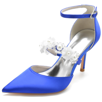 Zapatos de Tacón Alto tipo D'orsay con Correa Adornada de Perlas de Satén Azul Real ideales para Bodas