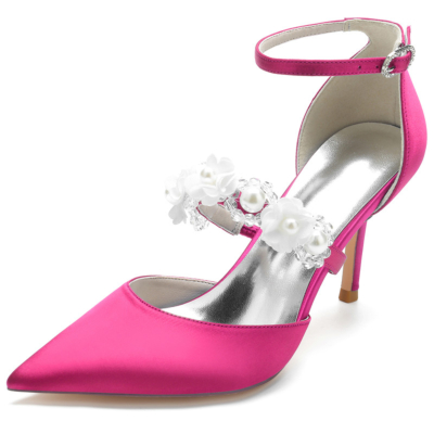 Zapatos de tacón de aguja con correa adornada con perlas magenta D'orsay para bodas