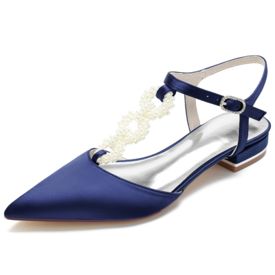 Zapatos planos de satén sin espalda con correa en T adornada con perlas azul marino para boda