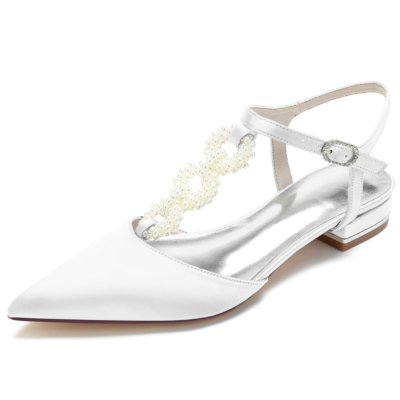 Zapatos planos con correa en T adornada con perlas blancas, zapatos planos de satén sin espalda para boda