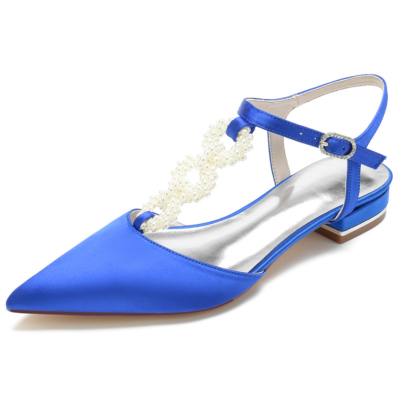 Zapatos Planos de Satén en azul Real con Detalles de Perlas Correa en T y sin Respaldo Ideales para Bodas