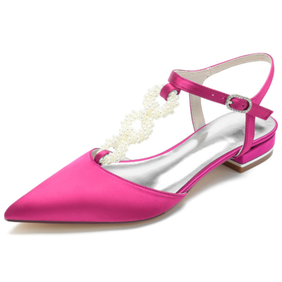 Magenta Pearl Embellecido T-Strap Flats Zapatos planos de satén sin espalda para boda