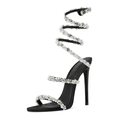 Sandalias de vestir negras con adornos de perlas y tacones de aguja de 100 mm