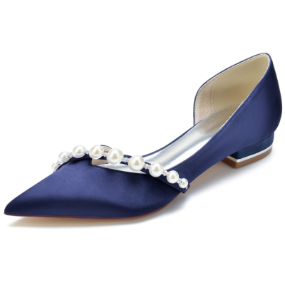 Zapatos planos con punta cerrada para el trabajo con adornos de perlas azul marino