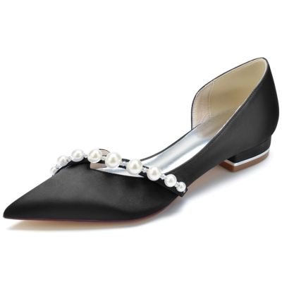 Zapatos planos con punta cerrada para el trabajo con adornos de perlas negras D'orsay recortadas