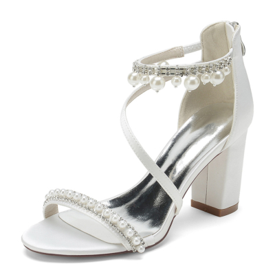 Sandalias con adornos de perlas blancas Tacones gruesos Correa cruzada Sandalias de fiesta de satén Zapatos