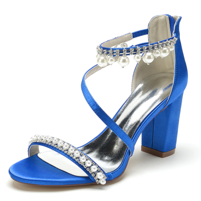Royal Blue Pearl Adornos Sandalias Tacones gruesos Correa cruzada Satén Fiesta Sandalias Zapatos