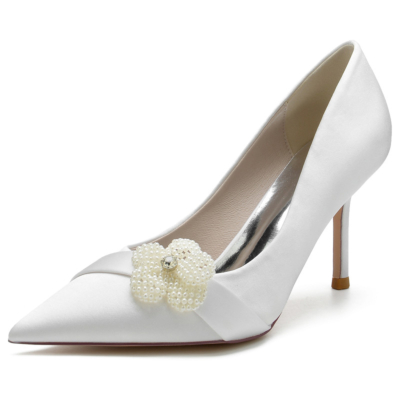 Zapatos de novia de satén con hebilla de flor de perla blanca Zapatos de tacón de aguja
