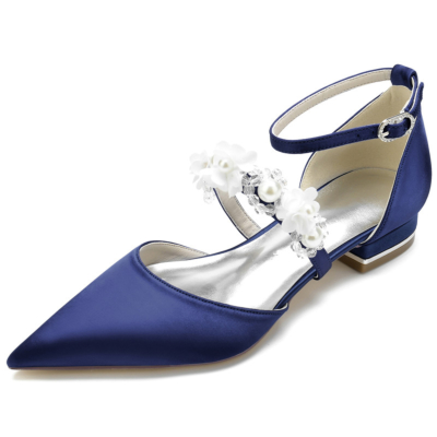 Zapatos planos con correa de flores de perlas azul marino Pisos de novia de raso D'orsay