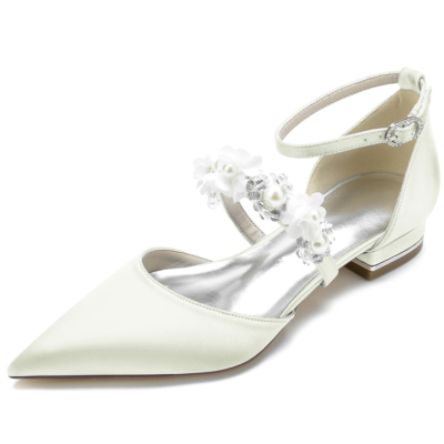 Zapatos planos con correa de flores de perlas de marfil, planos de boda nupcial D'orsay de satén