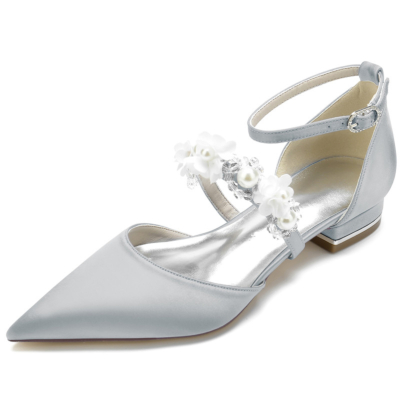 Zapatos planos con correa de flores de perlas grises Pisos de novia de raso D'orsay para bodas
