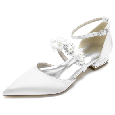 Zapatos planos con correa de flores de perlas Satén D'orsay Nupcial Boda Pisos