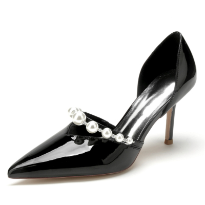 Black Pearl Strap D'orsay Bombas Zapatos Slip On V Vamp Vestidos Tacones