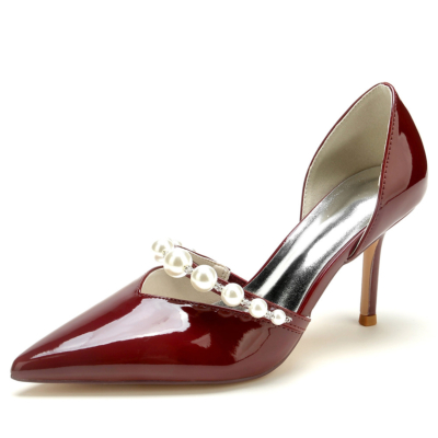 Borgoña Perla Correa D'orsay Bombas Zapatos Slip On V Vamp Vestidos Tacones