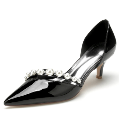 Black Pearl Strap V Vamp D'orsay Zapatos de vestir Gatito Tacones bajos