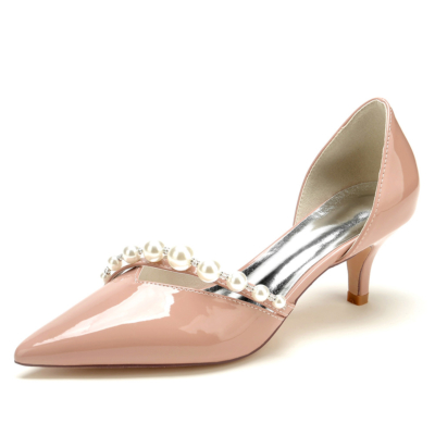 Pink Pearl Strap V Vamp D'orsay Zapatos de vestir Gatito Tacones bajos
