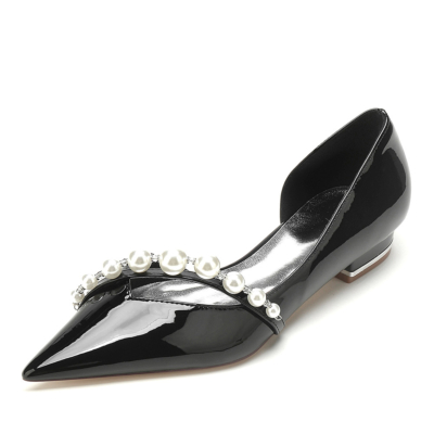 Zapatos planos de boda D'orsay con correa de perla negra Zapatos planos de novia con punta puntiaguda