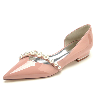 Zapatos planos de boda D'orsay con correa de perla rosa Zapatos planos de novia con punta puntiaguda