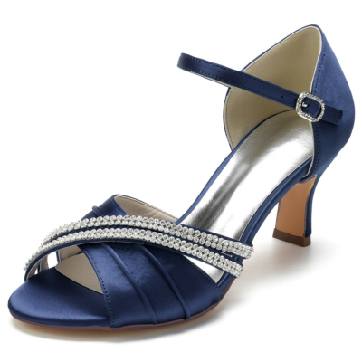 Sandalias con correa en el tobillo adornadas con puntera peep toe azul marino D'orsay con tacones de bloque