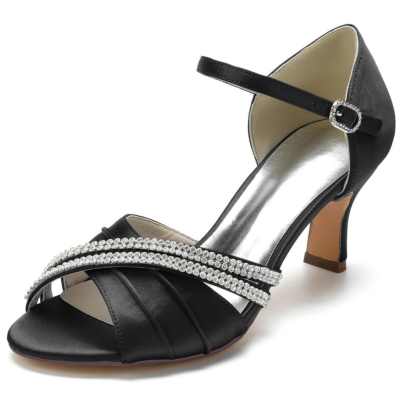 Sandalias con correa en el tobillo adornadas con punta abierta en negro D'orsay con tacones de bloque