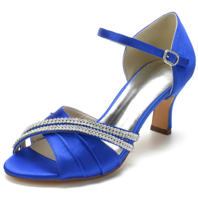 Sandalias con correa en el tobillo adornadas con punta abierta en azul real D'orsay con tacones de bloque