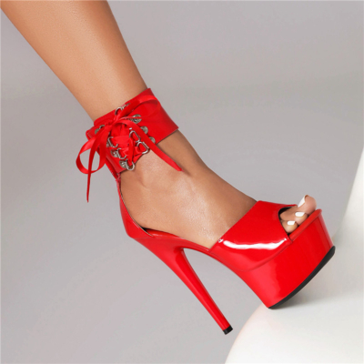 Rojo Peep Toe Sandalias con cordones Plataforma Sandalias de tacón de aguja Zapatos de baile