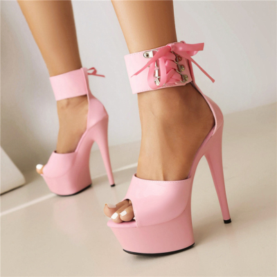 Pink Peep Toe Sandalias con cordones Plataforma Sandalias de tacón de aguja Zapatos de baile