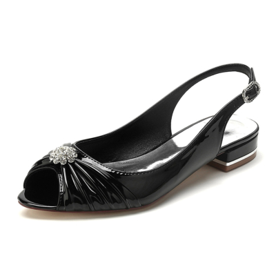 Negro Peep Toe Slingback Flats Jeweled Flower Zapatos planos para danza