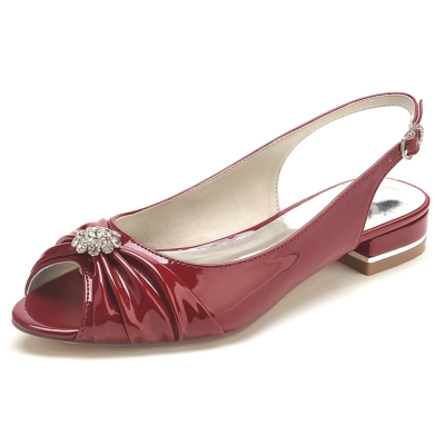 Borgoña Peep Toe Slingback Flats Jeweled Flower Zapatos planos para danza