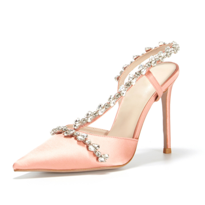 Sandalias de tacón con correa cruzada de cristal satinado rosa Zapatos de novia con tira trasera cerrada