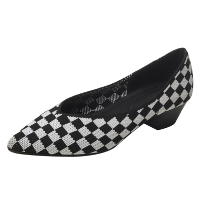Zapatos de tacón de cuña a cuadros blancos y negros con punta en pico V-Vamp Pumps Shoes