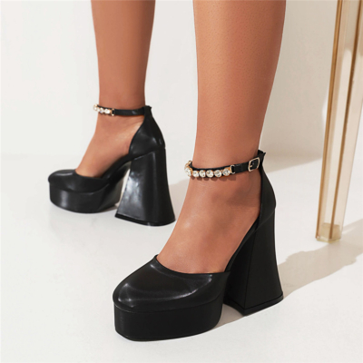 Zapatos De Tacón Grueso De Plataforma Negros Correa De Tobillo De Diamantes De Imitación De Satén Zapatos D'orsay