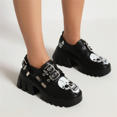 Mocasines de plataforma mate negros Zapatos góticos con estampado de calavera y correa doble con hebilla de tacón grueso