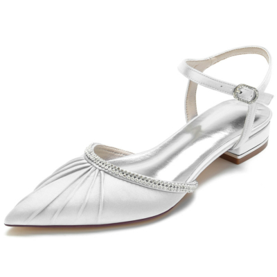 Blanco Plisse Rhinestones Flats Satén Tobillo Correa Flat Mujer Zapatos para Danza