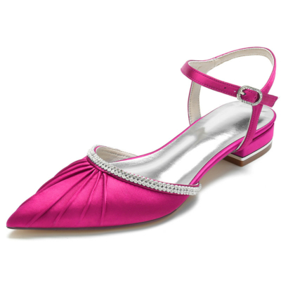 Magenta Plisse Strass Flats Satin Tobillo Strap Flat Mujer Zapatos para Danza