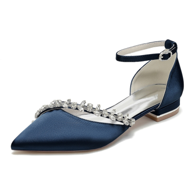 Zapatos de boda con correa en el tobillo y diamantes de imitación planos con punta en punta azul marino