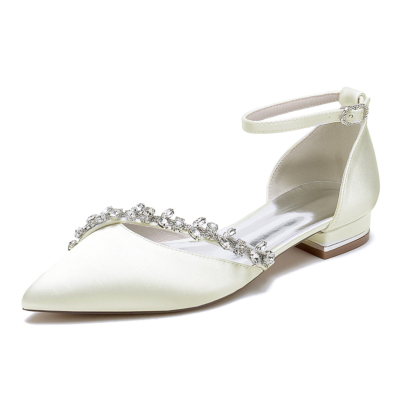 Zapatos de boda con correa en el tobillo y diamantes de imitación planos con punta en punta color marfil