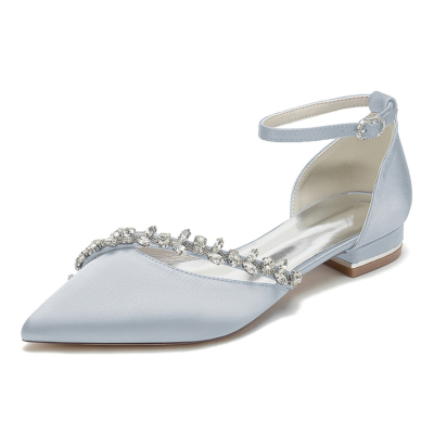 Zapatos de boda con correa en el tobillo y diamantes de imitación planos con punta en punta plateada